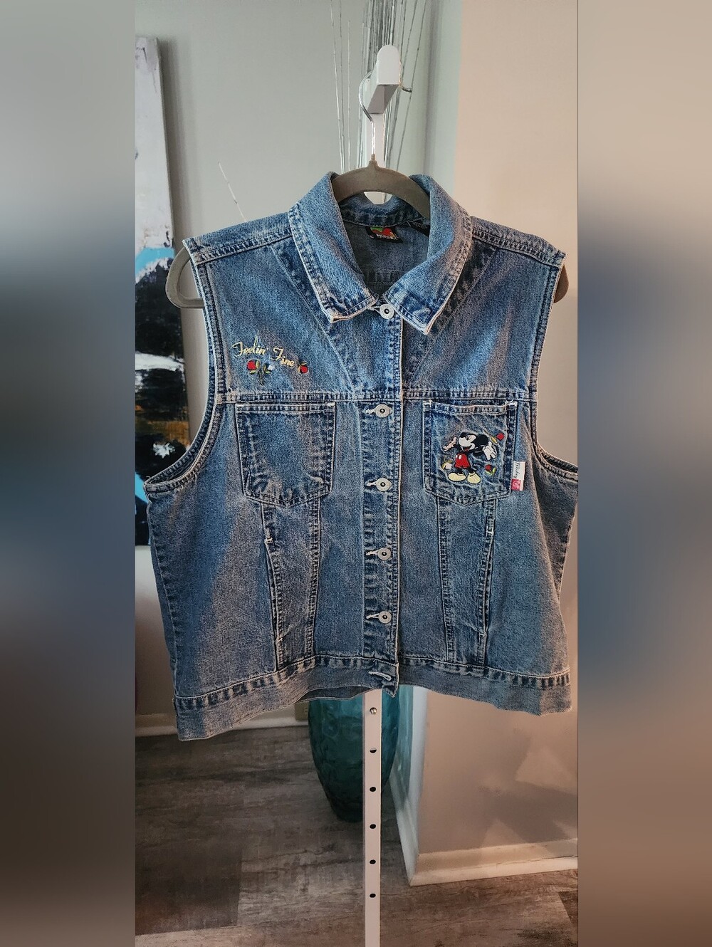 Disney Blue Denim Mickey Mouse Embroidered Sleeveless Jacket Vest